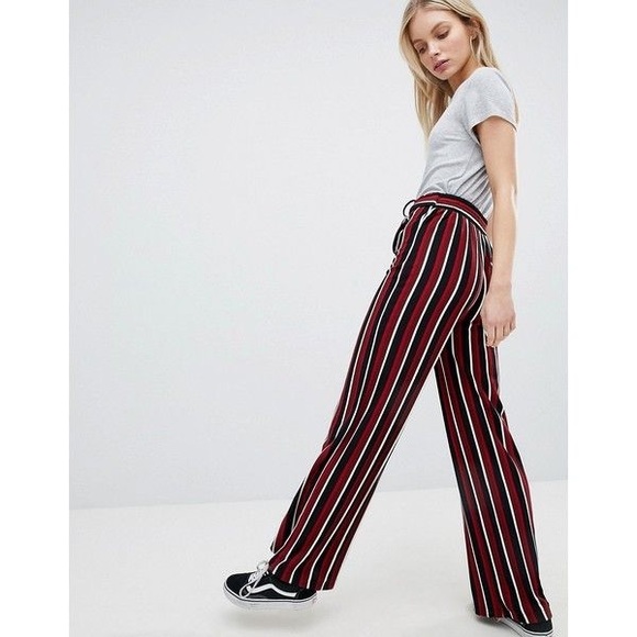 Bershka Burgundy Striped High Waisted Pants w Belt - Picture 1 of 6